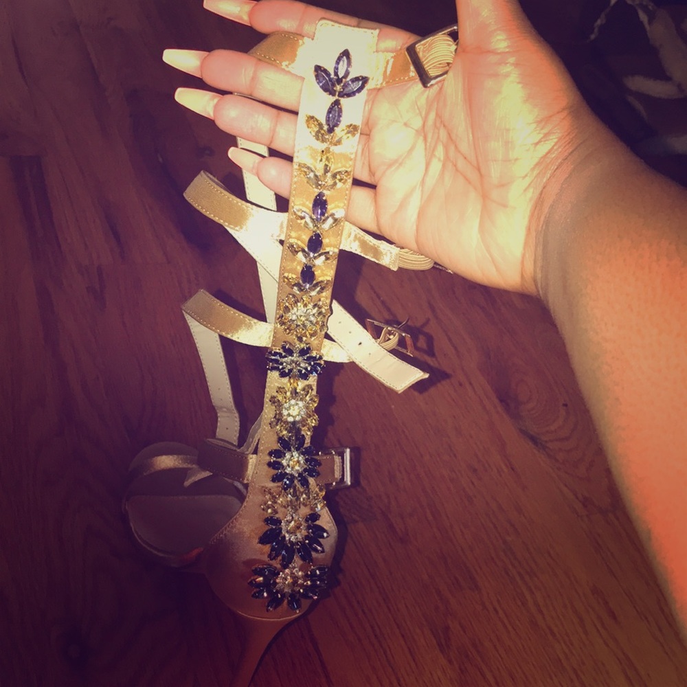 Jazz Knee High Strappy Embellished Heels in Gold